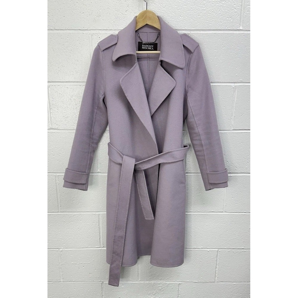 Badgley Mischka Chloe Lavender Purple Wool Blend‎ Long Coat Belted / Women's M